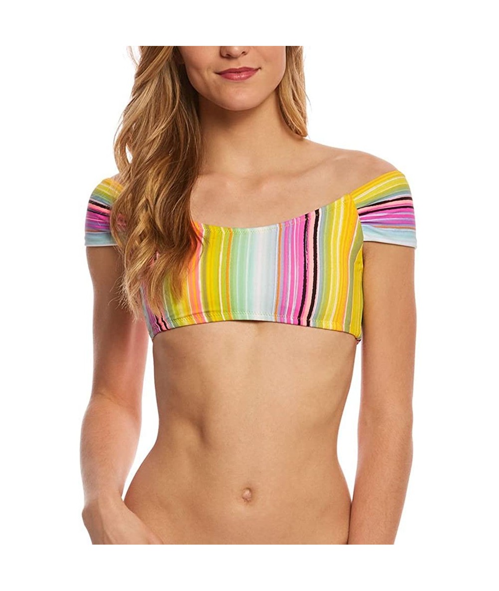 Tops Juniors Off The Shoulder Bikini Top Swimwear Stripe Island - Yellow - CQ18CL4THG4 $35.81