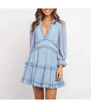 Cover-Ups Women Summer Beach Dress- Sexy Bohemian Sundresses Open Back Halter Deep V Lace Floral Skirt- Long Sleeve Chiffon C...