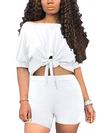 Sets 2 Piece Outfits for Women - Sexy Two Piece Sets Tie Front Crop Top + Skinny Pants Jumpsuits - White-boat Neck - C51996AT...