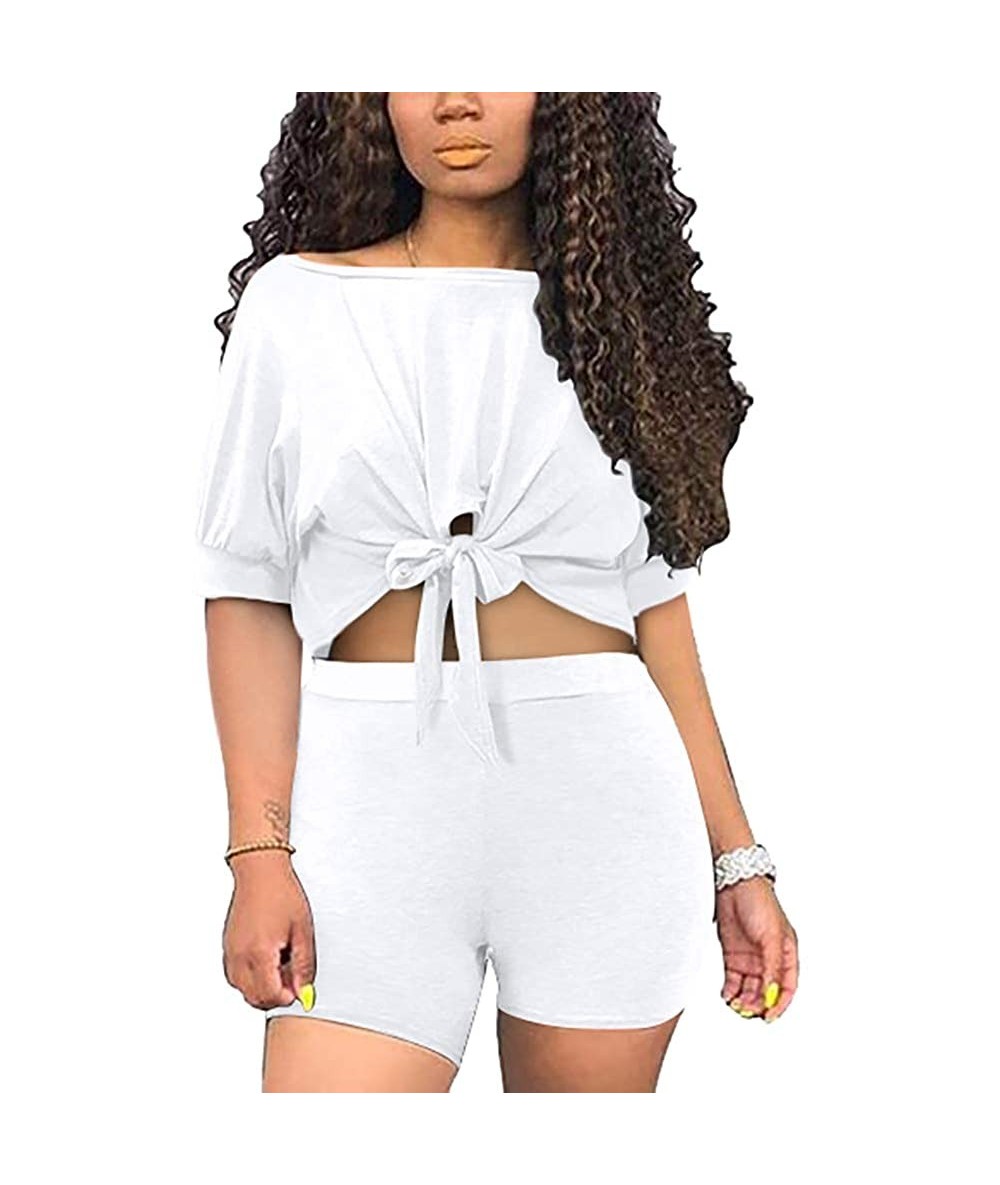 Sets 2 Piece Outfits for Women - Sexy Two Piece Sets Tie Front Crop Top + Skinny Pants Jumpsuits - White-boat Neck - C51996AT...