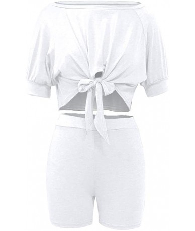 Sets 2 Piece Outfits for Women - Sexy Two Piece Sets Tie Front Crop Top + Skinny Pants Jumpsuits - White-boat Neck - C51996AT...