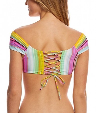 Tops Juniors Off The Shoulder Bikini Top Swimwear Stripe Island - Yellow - CQ18CL4THG4 $35.81