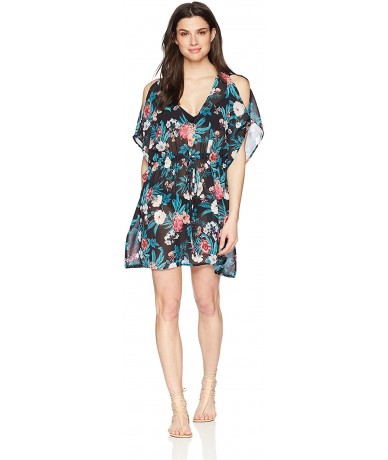 Cover-Ups Women's Swimwear Cold Shoulder Tie Waist Kaftan Cover Up - Jaded/Ebony Floral Print - CU185LQRZRG $59.61