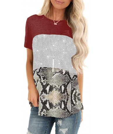 Tankinis Women Short Sleeve Casual Comfy Leopard Stripe Sequin Tunics Loose Tops Blouse T Shirt - D-red - C3196EHWQ0U $27.61