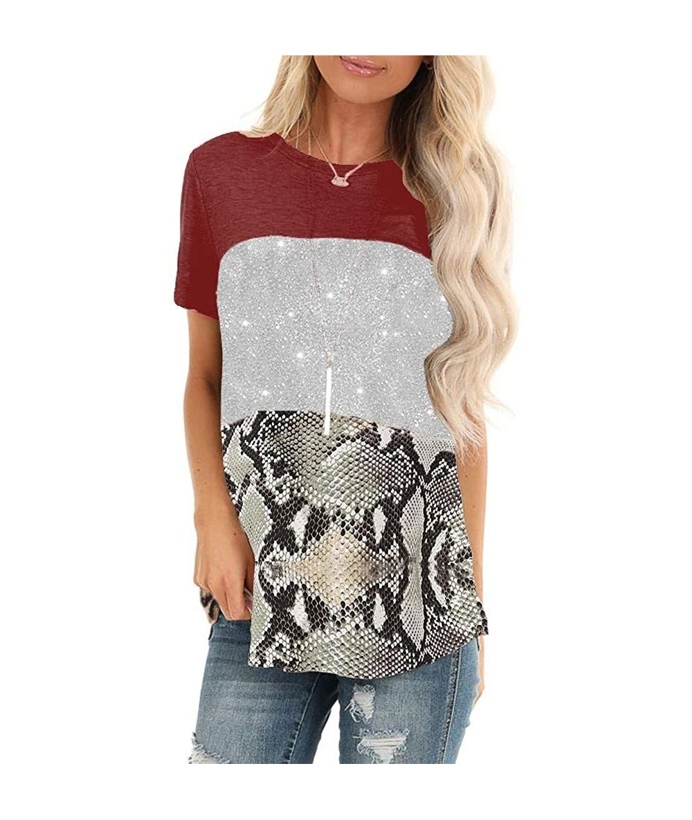 Tankinis Women Short Sleeve Casual Comfy Leopard Stripe Sequin Tunics Loose Tops Blouse T Shirt - D-red - C3196EHWQ0U $27.61