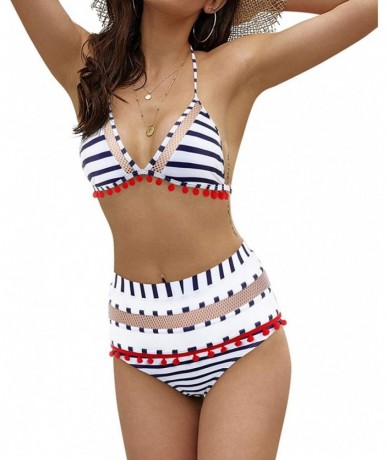 Sets Women High Waist Two Pieces Bikini Set Mesh Striped Tassel Swimsuit Halter Bathing Suit - White - CA18Q069870 $28.84