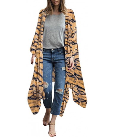 Cover-Ups Womens Open Front Tiger Stripes Print Chiffon Loose Shawl Kimono Cover up Beachwear (XL- Yellow) - CA18M3NXMK4 $35.71