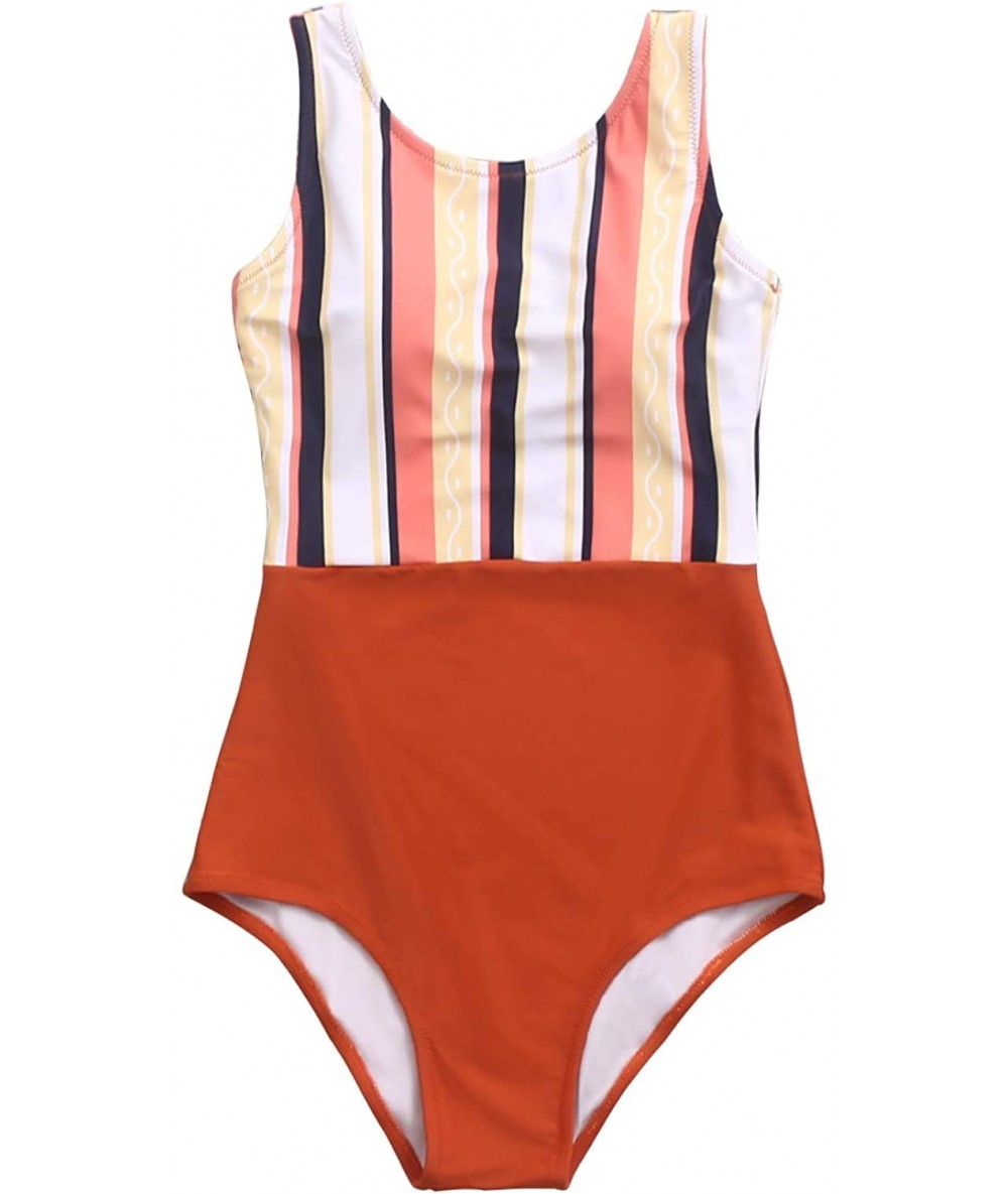 Racing Women Athletic One Piece Bathing Suit High Waisted Swimsuit Striped High Cut Sports Swimwear - Brown - CC196D73KHU $51.00