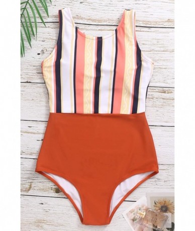 Racing Women Athletic One Piece Bathing Suit High Waisted Swimsuit Striped High Cut Sports Swimwear - Brown - CC196D73KHU $51.00