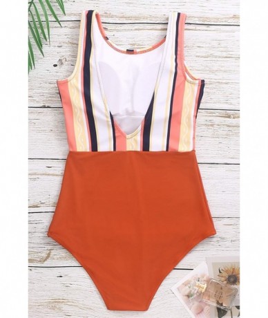 Racing Women Athletic One Piece Bathing Suit High Waisted Swimsuit Striped High Cut Sports Swimwear - Brown - CC196D73KHU $51.00