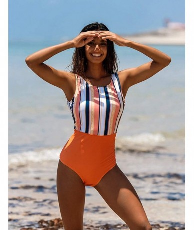 Racing Women Athletic One Piece Bathing Suit High Waisted Swimsuit Striped High Cut Sports Swimwear - Brown - CC196D73KHU $51.00