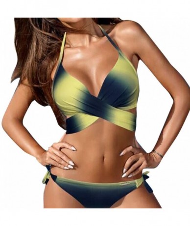 Sets Gradient Bikini- Women Swimwear Sexy Cross Bandage Push-Up Padded Swimsuit Bathing Split Beachwear - Yellow - CG180L0EIY...