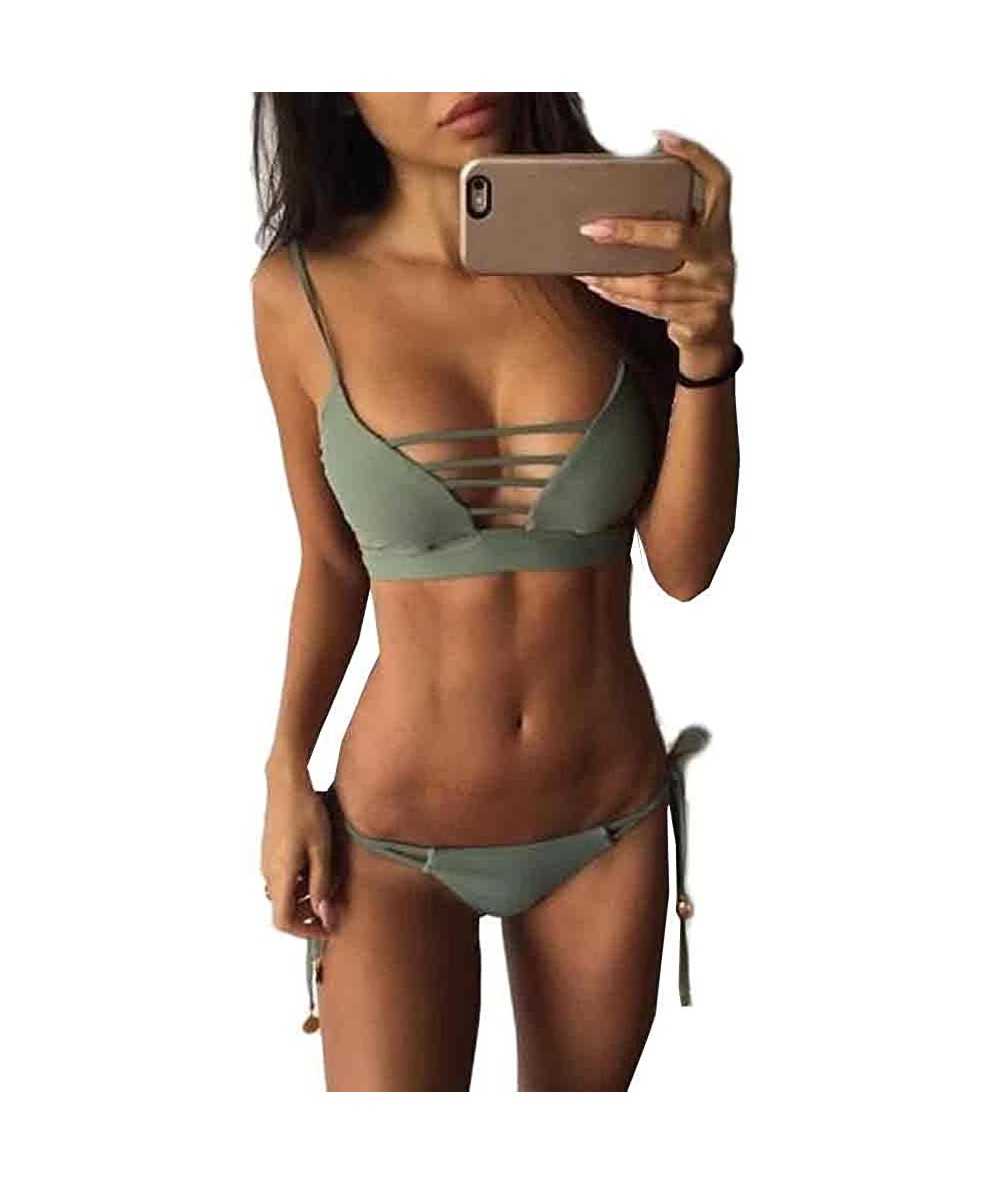 Sets Women's Bikini Sexy Keyhole Shirred Spaghetti Strap Padded V Neck Thong Cheeky Two Piece Bathing Suits Army Green - CF19...