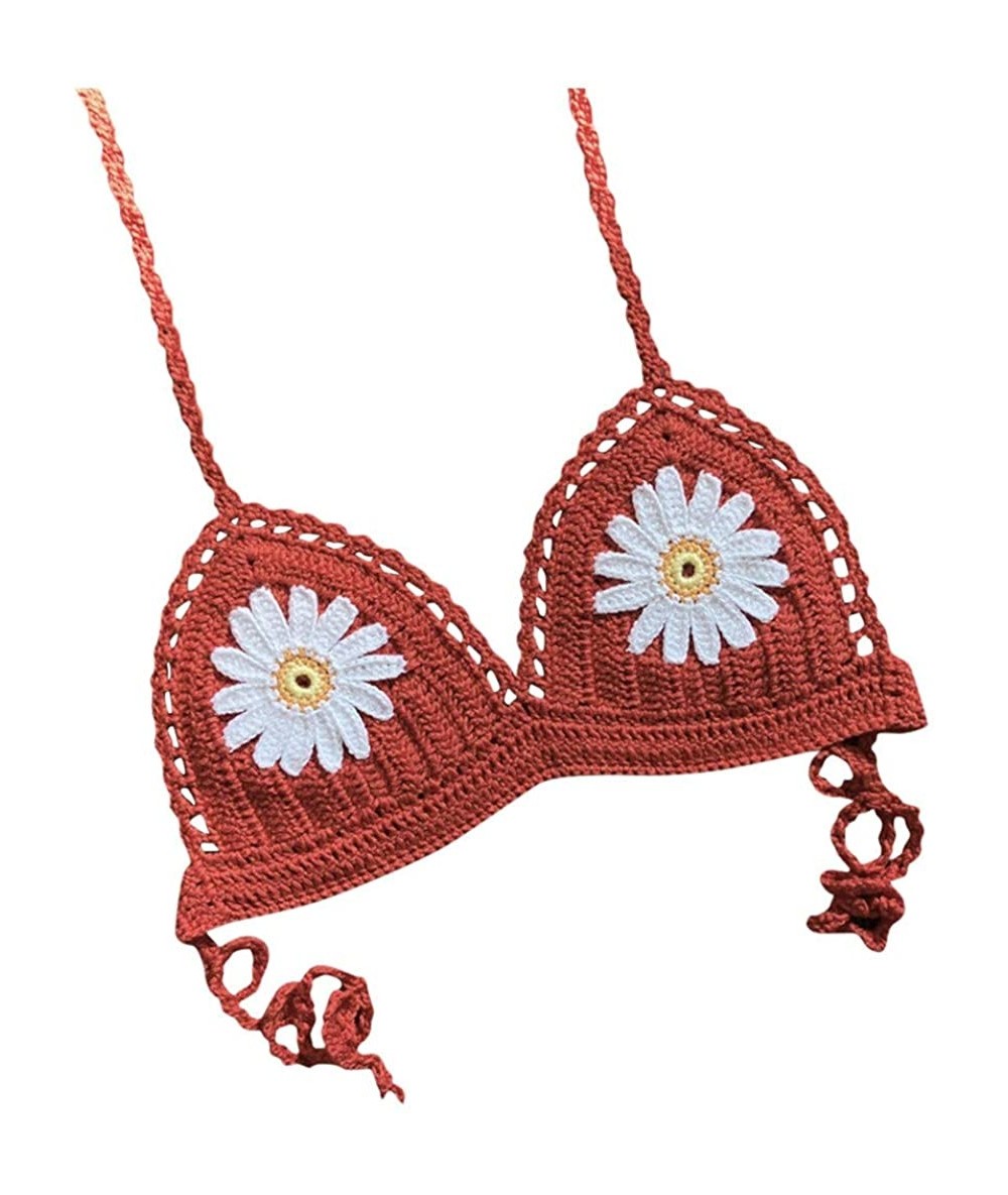 Tankinis Women Halter Sunflower Crochet Triangle Handmade Bikini Top Push Up Padded V-Neck Lace-Up Woven Swimsuit - Orange - ...