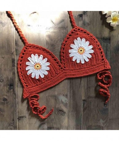 Tankinis Women Halter Sunflower Crochet Triangle Handmade Bikini Top Push Up Padded V-Neck Lace-Up Woven Swimsuit - Orange - ...