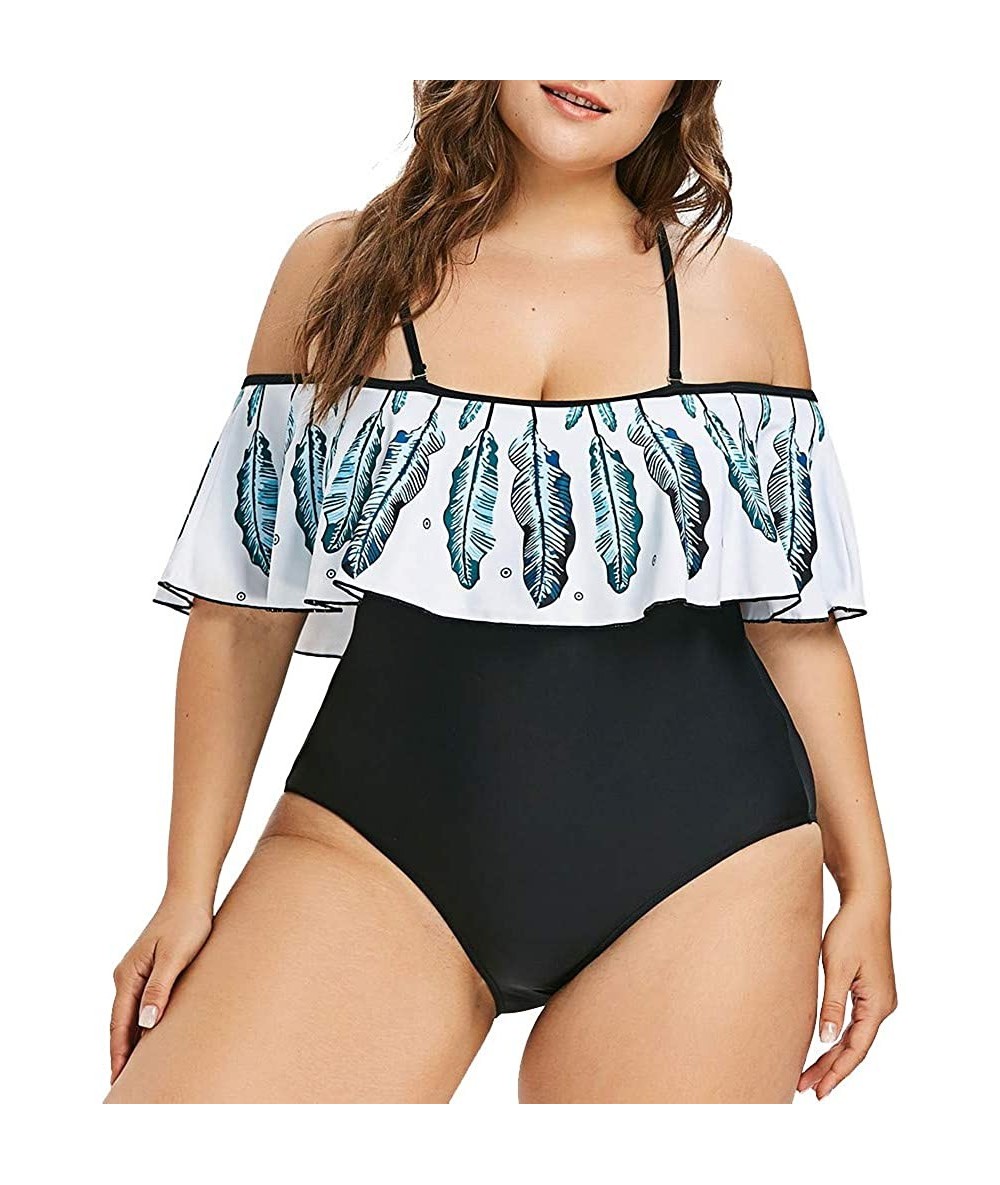 Racing Women Plus Size Swimwear One Piece Swimsuits Feather Print Off Shoulder Beachwear Bathing Suits - Blue - C3197M8AA03 $...