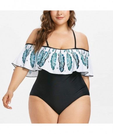 Racing Women Plus Size Swimwear One Piece Swimsuits Feather Print Off Shoulder Beachwear Bathing Suits - Blue - C3197M8AA03 $...