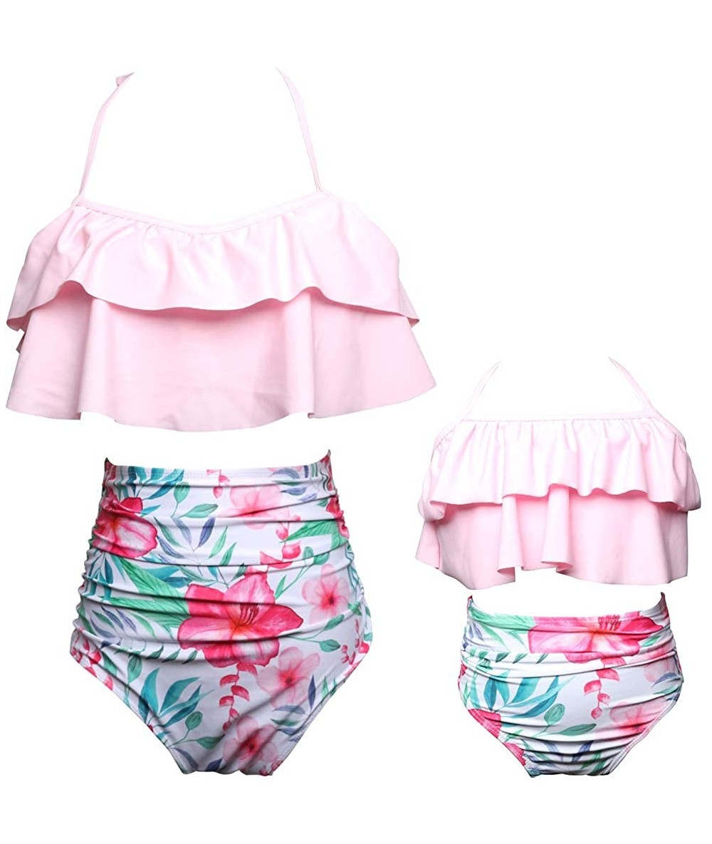 Sets Girls Bikini Swimsuits Mommy and Me Matching Ruffle Off Shoulder Swimwear - Pink/ Flower - C819C5UIM6T $31.36