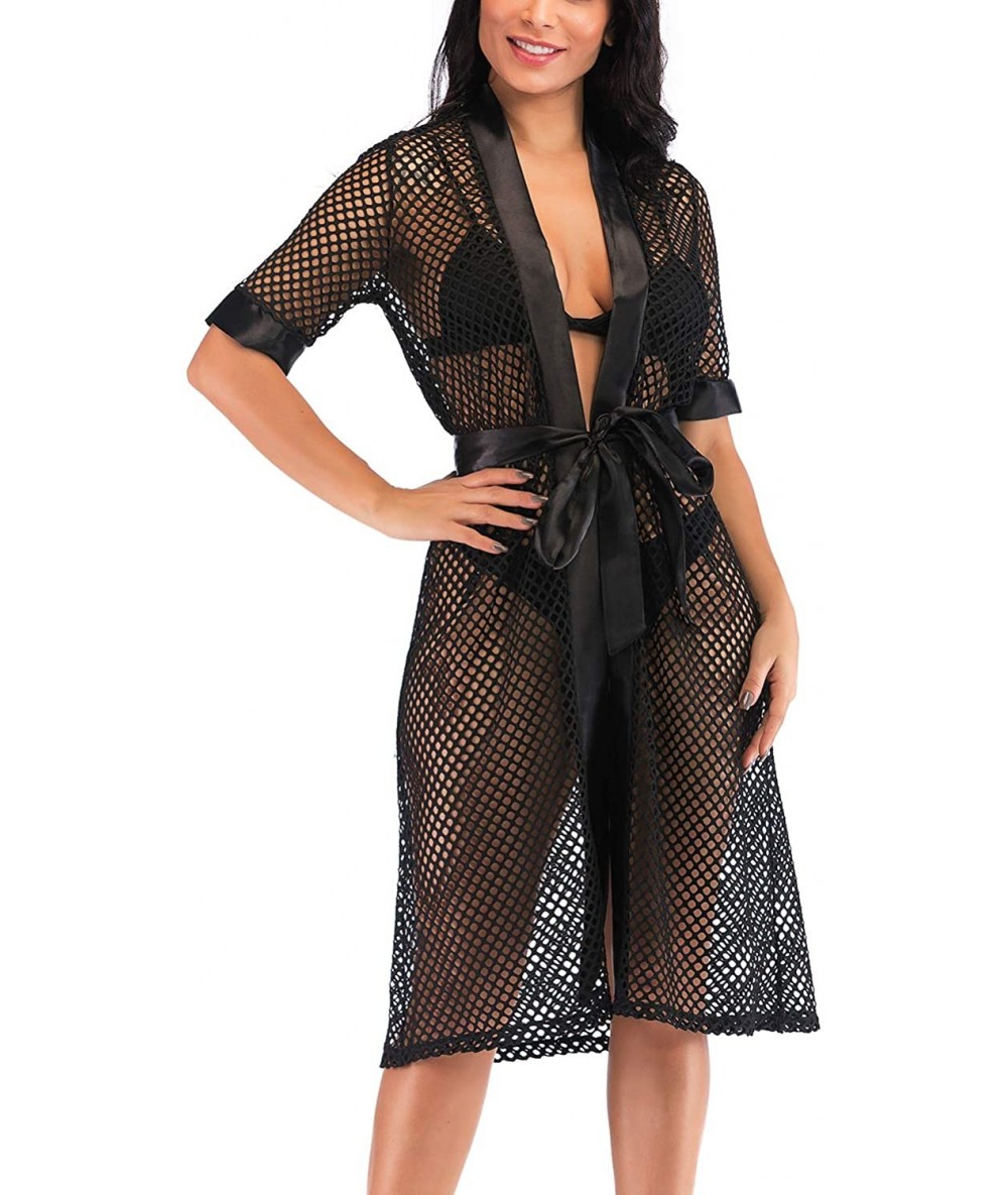 Cover-Ups Womens Beach Crochet Kimono Bathing Suit Cover Up Swimwear Summer Beach Dress - 0454 Black - CS18WQUU52N $31.91