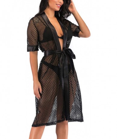 Cover-Ups Womens Beach Crochet Kimono Bathing Suit Cover Up Swimwear Summer Beach Dress - 0454 Black - CS18WQUU52N $31.91