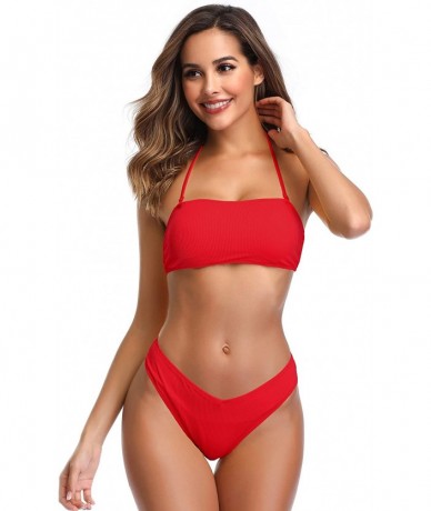 Sets Women's Bathing Suit Lace up Bandeau Bikini Ribbed Two Piece Swimsuit - Rose Red - CV18SYCSRIR $45.86