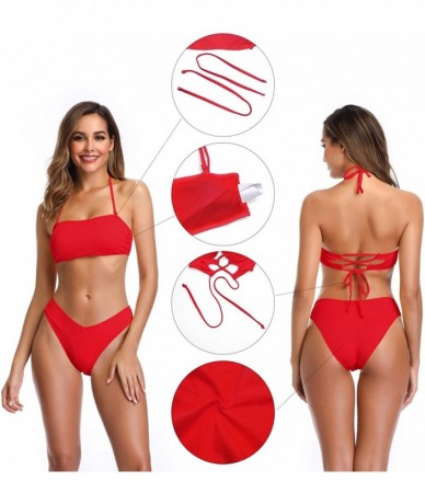 Sets Women's Bathing Suit Lace up Bandeau Bikini Ribbed Two Piece Swimsuit - Rose Red - CV18SYCSRIR $45.86