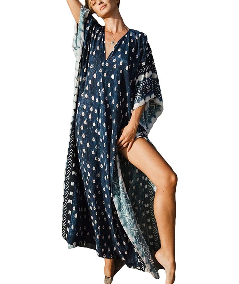 Cover-Ups Women Loose Kaftan Swimsuit Cover Up Beach Long Casual Caftan Dress - B-blue - CG199993H34 $44.77