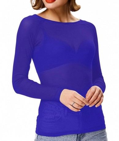 Cover-Ups Women's Basic Long Sleeves Mesh Sheer Tops - Blue - CR18UYNYXZZ $27.16