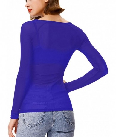 Cover-Ups Women's Basic Long Sleeves Mesh Sheer Tops - Blue - CR18UYNYXZZ $27.16