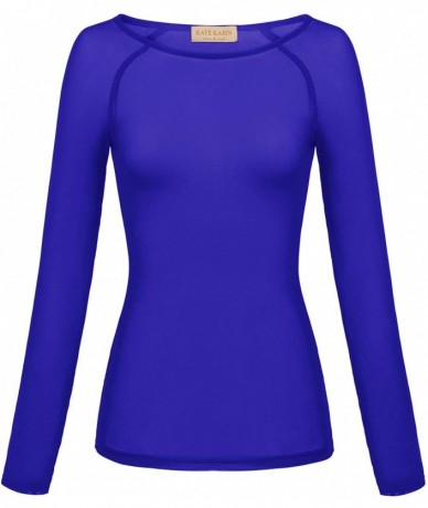 Cover-Ups Women's Basic Long Sleeves Mesh Sheer Tops - Blue - CR18UYNYXZZ $27.16