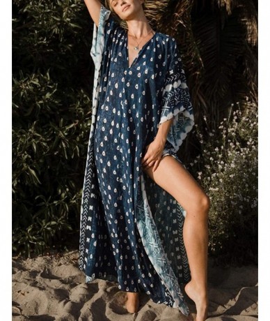 Cover-Ups Women Loose Kaftan Swimsuit Cover Up Beach Long Casual Caftan Dress - B-blue - CG199993H34 $44.77