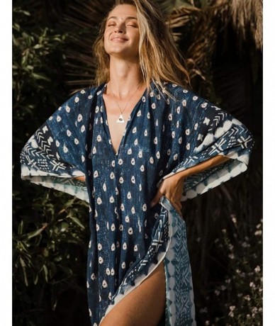 Cover-Ups Women Loose Kaftan Swimsuit Cover Up Beach Long Casual Caftan Dress - B-blue - CG199993H34 $44.77