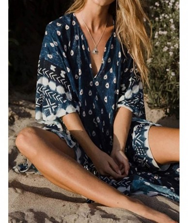 Cover-Ups Women Loose Kaftan Swimsuit Cover Up Beach Long Casual Caftan Dress - B-blue - CG199993H34 $44.77