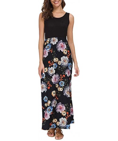 Rash Guards 2018 Women Sleeveless Floral Print Maxi Long Dress with Pockets O-Neck Beach - Black2 - C718SQX65CY $28.31