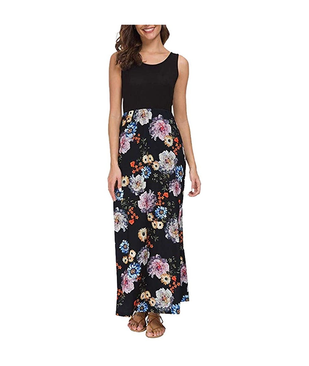 Rash Guards 2018 Women Sleeveless Floral Print Maxi Long Dress with Pockets O-Neck Beach - Black2 - C718SQX65CY $28.31