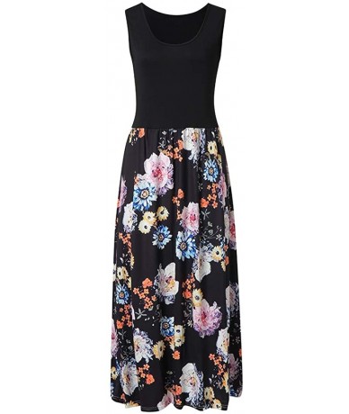 Rash Guards 2018 Women Sleeveless Floral Print Maxi Long Dress with Pockets O-Neck Beach - Black2 - C718SQX65CY $28.31