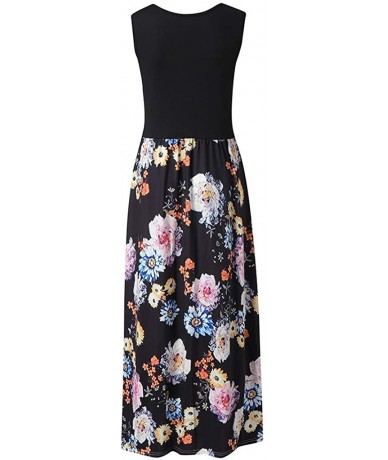 Rash Guards 2018 Women Sleeveless Floral Print Maxi Long Dress with Pockets O-Neck Beach - Black2 - C718SQX65CY $28.31