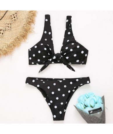 Sets Knot Front Tropical Bikini Set Women Swimsuit Sexy Swimwear - Black Dot - CW18LN5ZZNX $32.92