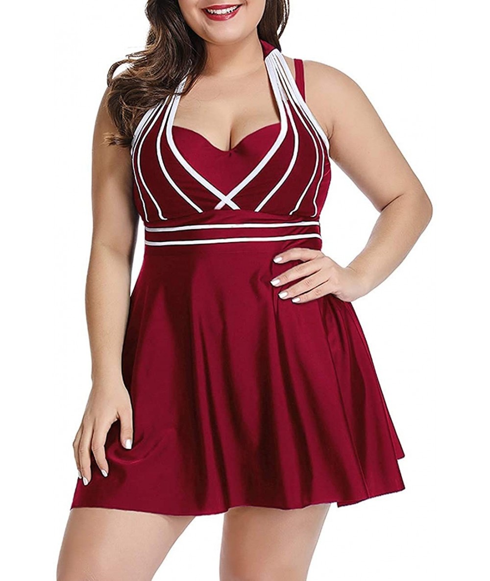 Sets Women's Plus Size Swimdress Halter Two Piece Swimsuit Tankini Set - Red - CB18S0LEREQ $44.66