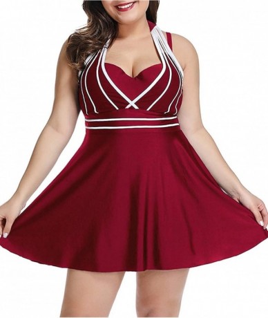 Sets Women's Plus Size Swimdress Halter Two Piece Swimsuit Tankini Set - Red - CB18S0LEREQ $44.66