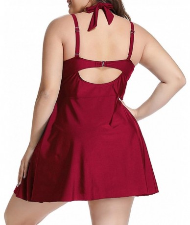 Sets Women's Plus Size Swimdress Halter Two Piece Swimsuit Tankini Set - Red - CB18S0LEREQ $44.66