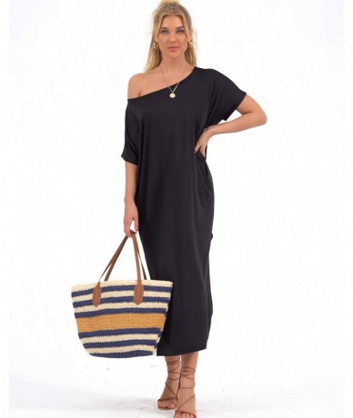 Cover-Ups Women Summer Maxi Long Dress Casual Loose Kaftan Off Shoulder Sundress Beach Cover Up Dress - 1-black - C718OUHY5X3...