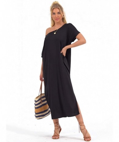 Cover-Ups Women Summer Maxi Long Dress Casual Loose Kaftan Off Shoulder Sundress Beach Cover Up Dress - 1-black - C718OUHY5X3...