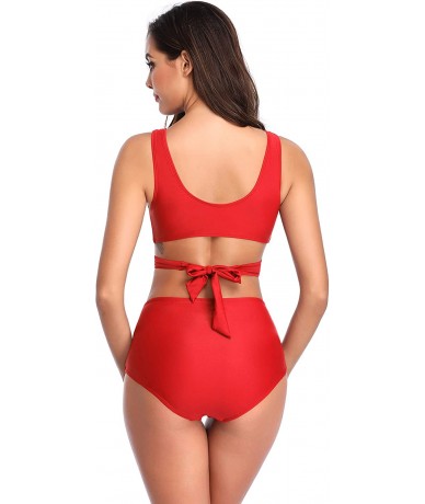 Tankinis Women's Wrap Cross Push-up High Waisted Ruched Bottom Swimsuits - Rose Red - CE18NAN68S0 $43.86