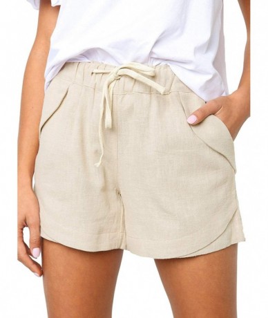 Cover-Ups Womens Casual Drawstring Elastic Waist Solid Cotton Linen Beach Shorts with Pockets - Beige - CR18QTHSTGC $39.36