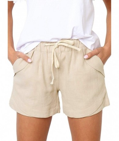 Cover-Ups Womens Casual Drawstring Elastic Waist Solid Cotton Linen Beach Shorts with Pockets - Beige - CR18QTHSTGC $39.36