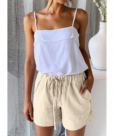 Cover-Ups Womens Casual Drawstring Elastic Waist Solid Cotton Linen Beach Shorts with Pockets - Beige - CR18QTHSTGC $39.36