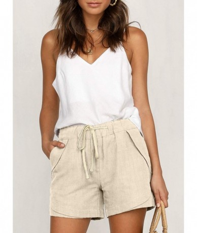 Cover-Ups Womens Casual Drawstring Elastic Waist Solid Cotton Linen Beach Shorts with Pockets - Beige - CR18QTHSTGC $39.36