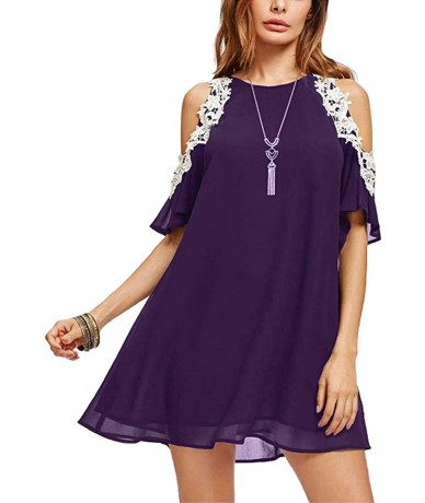 One-Pieces Summer Casual Cold Shoulder Lace Chiffon Dress Top Sexy Loose Patchwork Office Lady Work Blouse - Purple - CA18DG8...