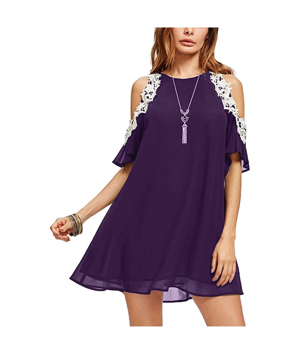 One-Pieces Summer Casual Cold Shoulder Lace Chiffon Dress Top Sexy Loose Patchwork Office Lady Work Blouse - Purple - CA18DG8...